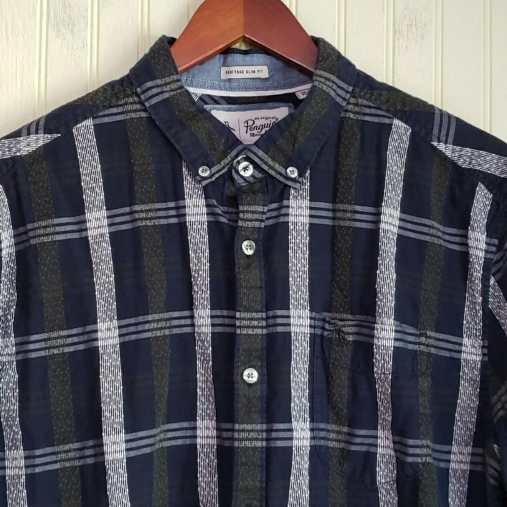 Penguin Shirt Mens XL Blue Plaid Long Sleeve Button Down Heritage Slim Fit